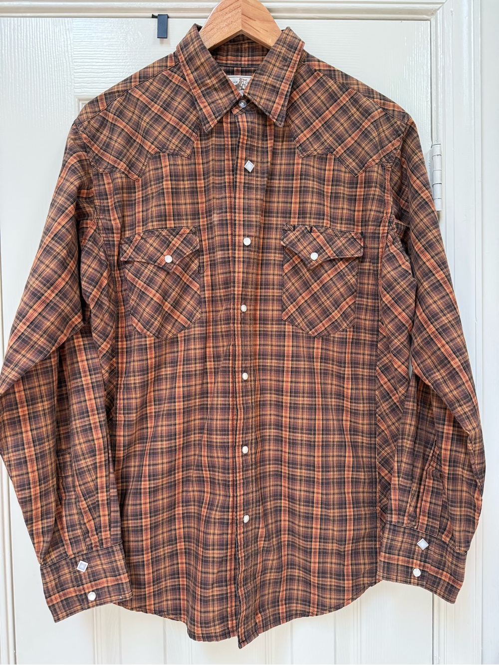 Vintage American Cowboys Wrangler Mens Rust Black Plaid Western Shirt Large